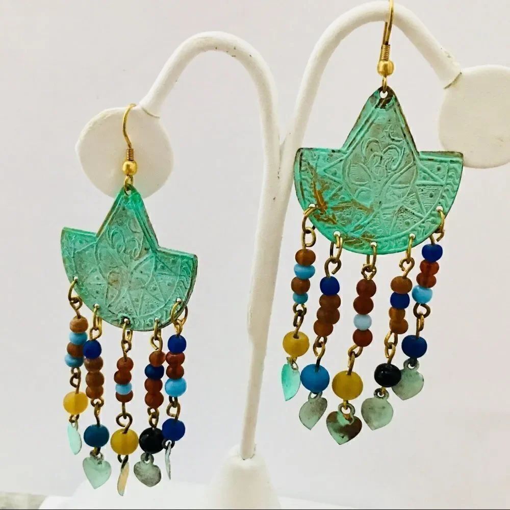 Colorful Bohemian Southwestern Dangle Earrings Mixed Metals enamel Green 1053